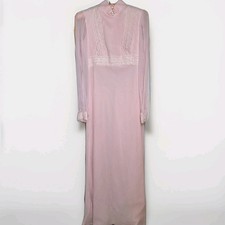 Vtg 70s Pink Maxi Prairie Style Dress Cottage Core Crepe Handmade Sheer Sleeve