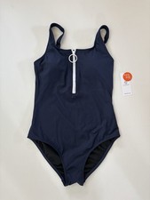 CHARMO Swimsuit Size Small One-Piece Zipper Front Removable Pads Navy/White -NEW