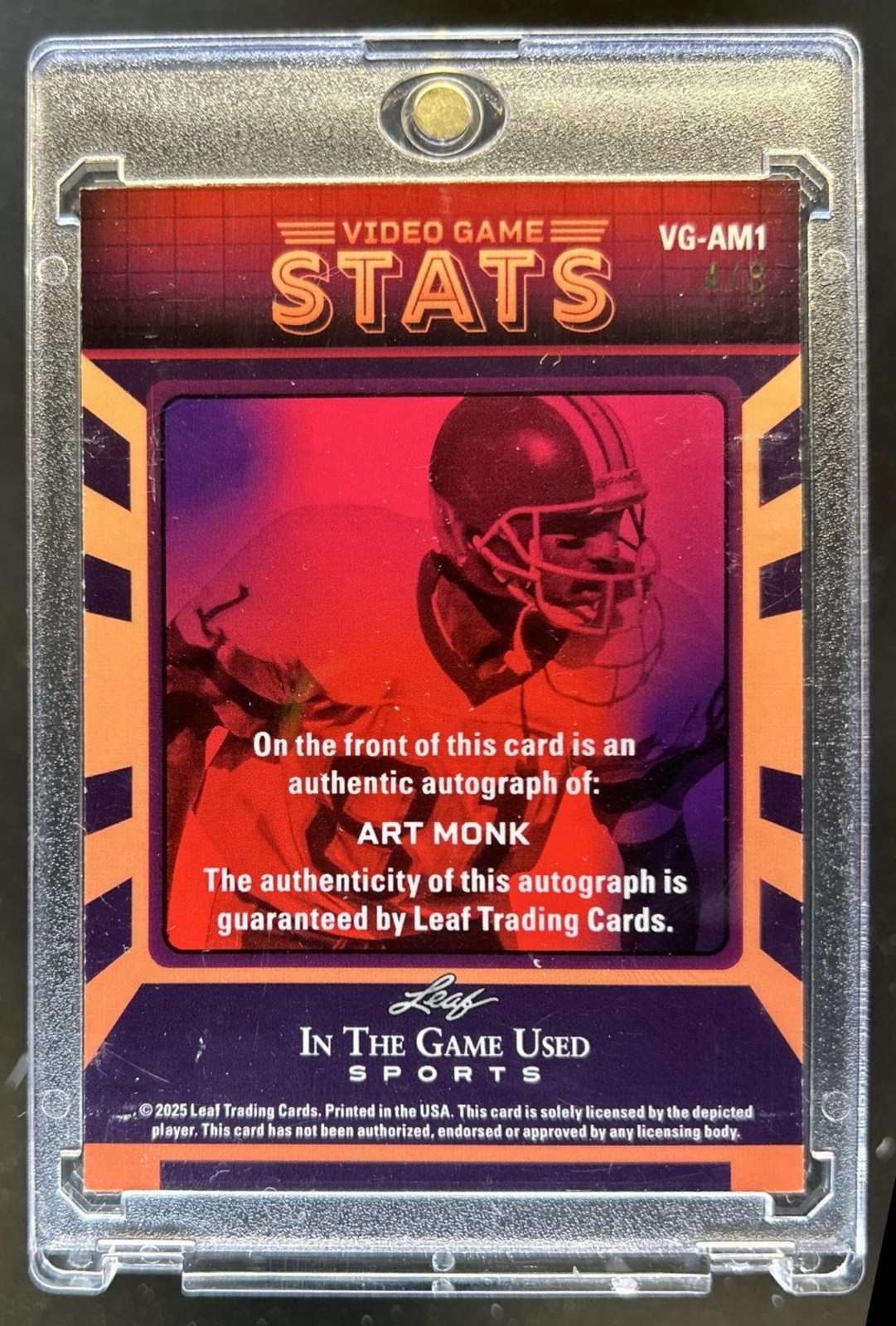 2025 Leaf In the Game Used Art Monk Metal Video Stats Auto Autograph Pink #/8 view 2