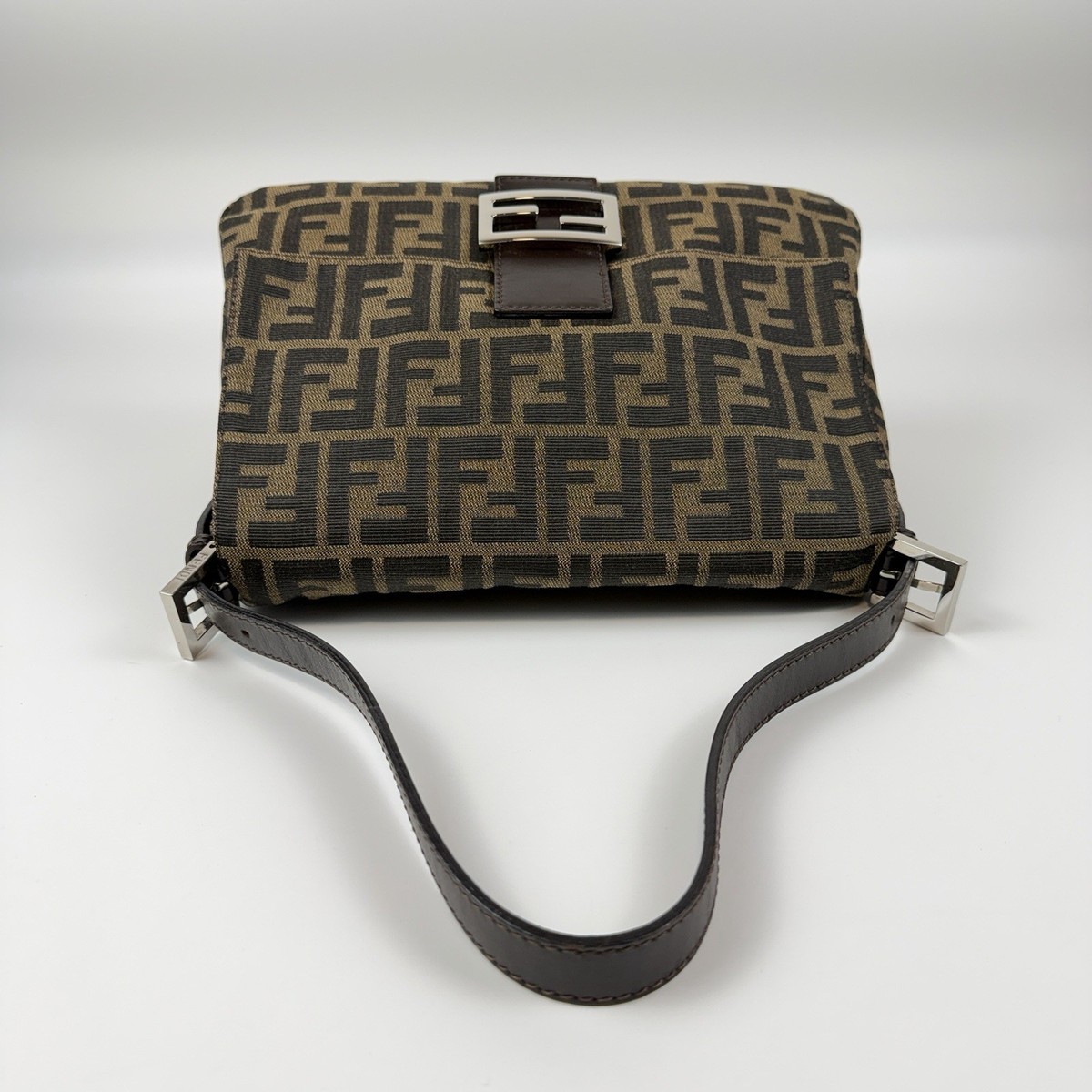 Auth FENDI Mamma Baguette Bag Zucca Canvas Leather Brown Shoulder