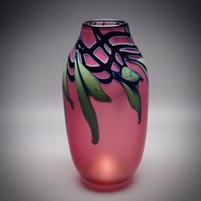 Vintage Art Glass Charles Lotton Iridescent Drop Leaf Ruby Studio Vase Signed 85