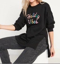 Old Navy Black embroidered Colorful Holiday Vibes tunic sweatshirt size S NWT