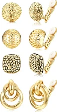 4Pairs Clip On Earrings for Women Gold Silver Clip On Hoop Earrings Chunk