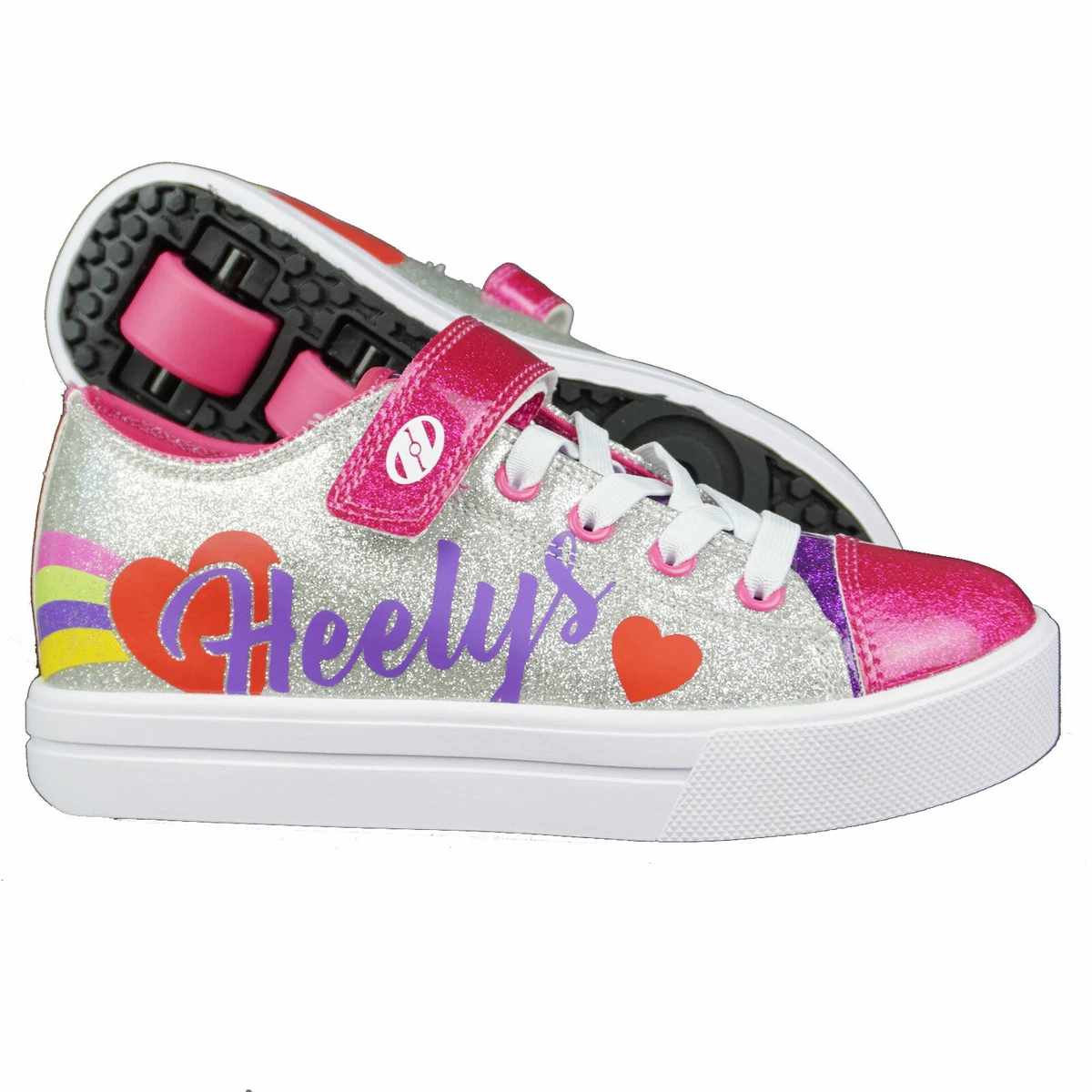 Heelys X2 Snazzy Silver Rainbow Heart Roller Sneaker Double Roll Kids Shoe