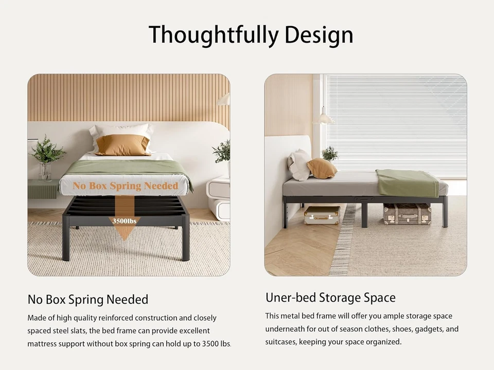 Marcos de cama dobles negros 12 pulgadas, marco de cama de metal tamaño doble sin necesidad de somier, D Foto 4 de 4