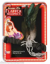 BLACK CHARLESTON FLAPPER HEADBAND w/ BLACK PLUME HALLOWEEN COSTUME ACCESSORY