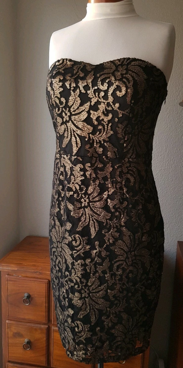 NEW NEXT Black Gold Strapless Dress Size 14 Sequin Pencil Party