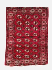ANTIQUE TEKKE RUG, HAND MADE VINTAGE WOOL RED TURKOMAN CARPET CLEANED (4FT X 3FT
