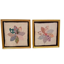 Framed Quilt Block Folk Art Decor Set of 2 Friendship Dahlias 1930's-50's 12.5"