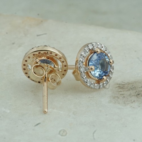 Pendientes de tachuelas de zafiro de piedras preciosas de oro amarillo liso de 14 K pavimentados diamantes joyería fina - Imagen 7 de 7