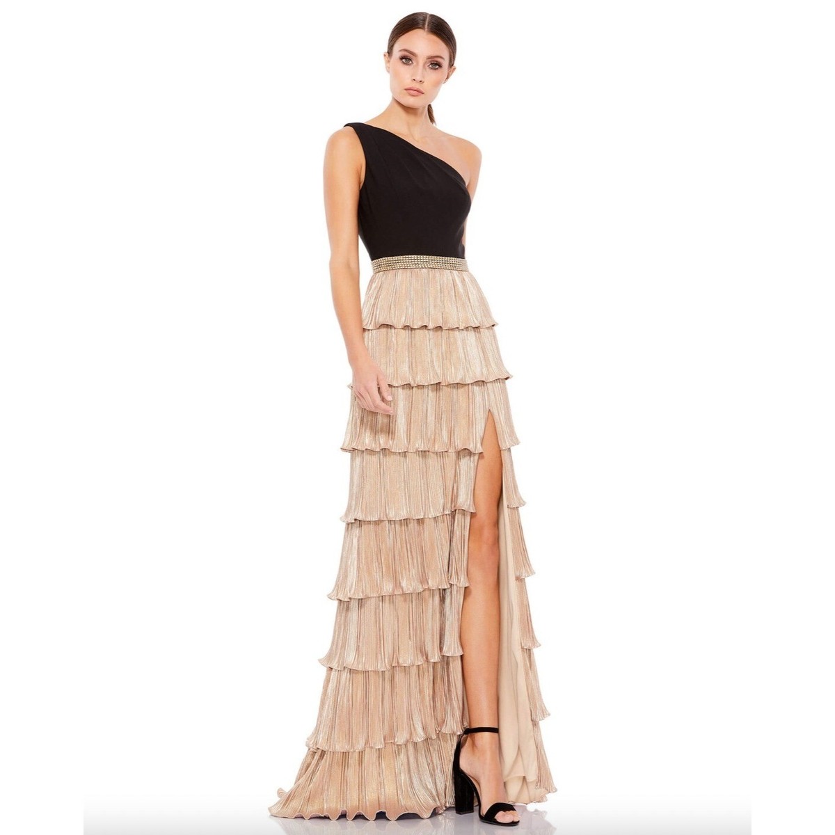 mac duggal ruffle tiered metallic ruched shoulder dress MAC DUGGAL One Shoulder Layered Metallic Ruffle Tiered Maxi Dress Size 6