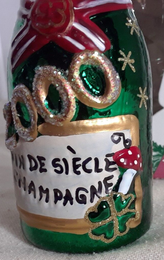 Merck Family’s Old World Christmas Ornament 2000 Champagne Bottle 5" Blown Glass