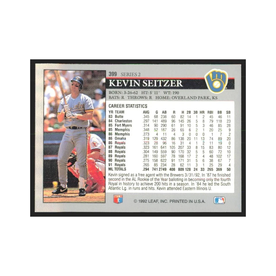 1992 Leaf Kevin Seitzer Brewers #399.0 - Image 2 of 3