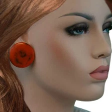 Vintage Orange Black Marbled Bakelite Large Button Disc Pierced Earrings 1 3/8"