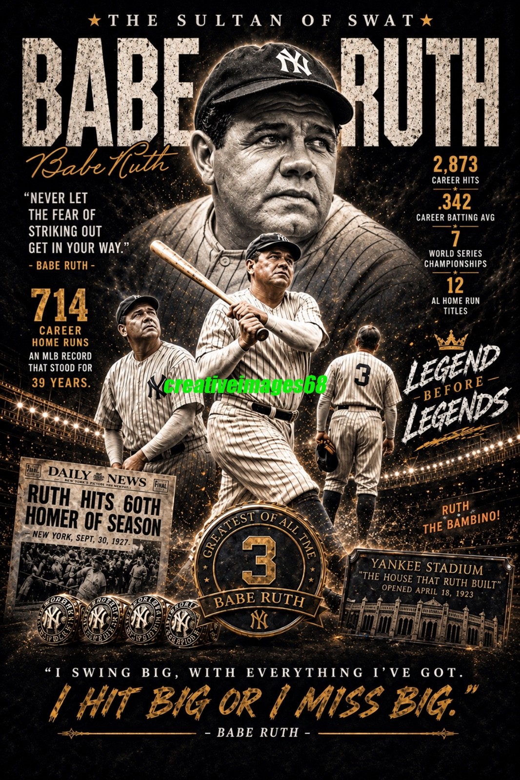 Babe Ruth 4x6 Photo  New York Yankees Custom quality photo Yankee legend