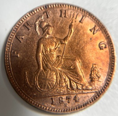 1874-H Farthing England Britain UNC Red Color 1/4P - Queen Victoria Great Coin!