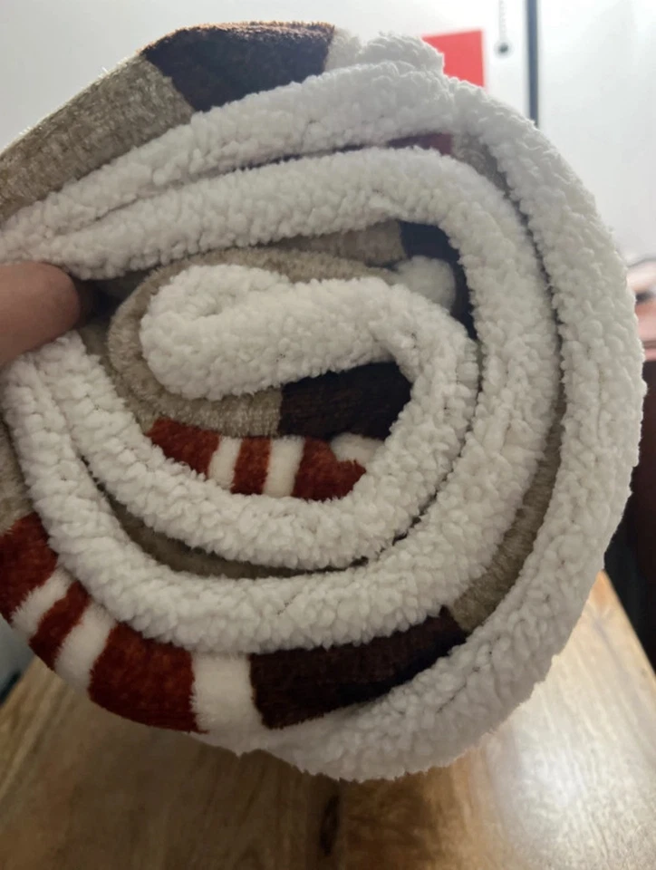 Printed Velvet Plush & Faux Shearling Soft Throw Blanket,, Brown Stripe 50x60 - Image 4 of 4