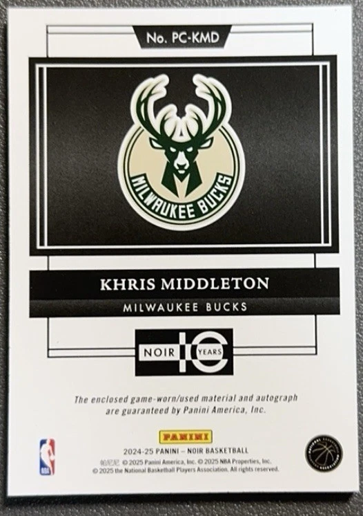 Parche autógrafo Milwaukee Bucks/49 Panini Noir Khris Middleton 2024-25 uso en juegos Foto 2 de 2