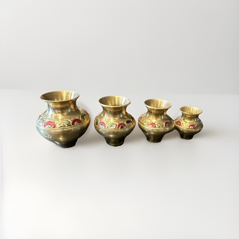 4 Pc Handcrafted Brass Holy Water Pots, Handmade in India Midcentury