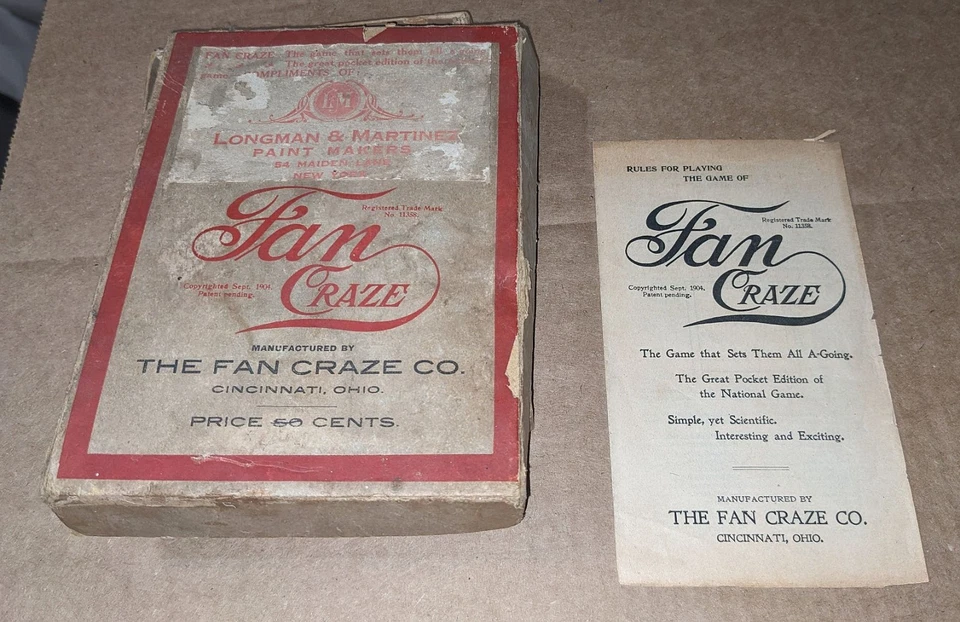 Juego de cartas de béisbol Pat 1904 Fan Craze Co con caja y tablero de juego Foto 3 de 4