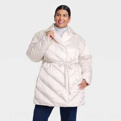 Ava & Viv NWT Womens 2X Cream Cozy Quilted Interior Snap Tie Waist Puffer Jacket