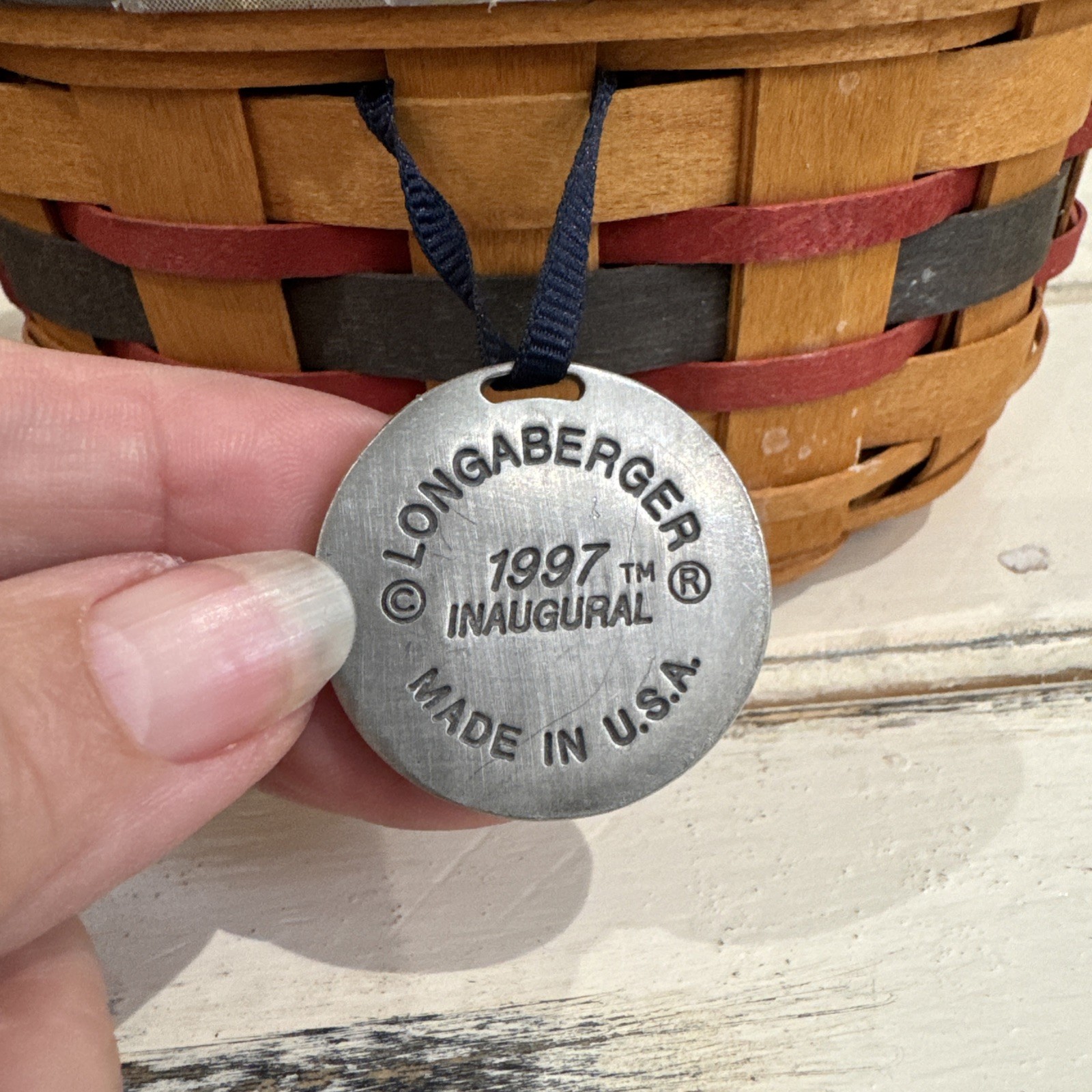 Longaberger 1997 Inaugural Basket 1996 Sleigh, Basket  Red White Blue Liners (2)