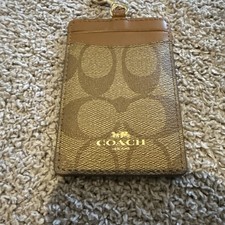 Coach Signature Logo ID Badge-holder Card Case Keyring Clip Brown Coated Canvas