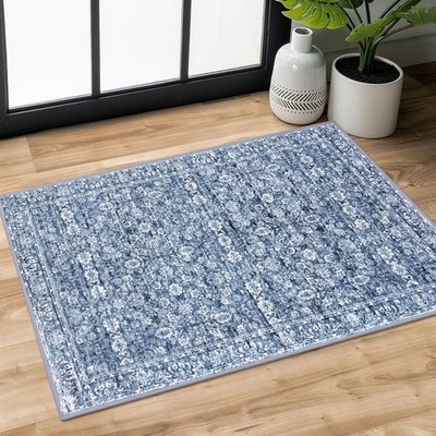 2x3 FT Washable Rug Entrance Blue Soft Distressed Floral NonSlip Doormat
