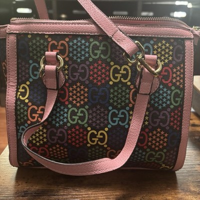 Gucci GG Multicolor Star Print Pink Trim Shoulder Bag Zip Top Handle Small