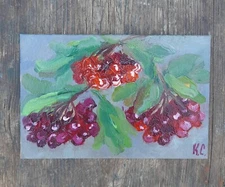 red viburnum original oil painting, viburnum branch wall art, art Ukrainian