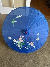 Vintage Asian Japanese Blue Hand Painted Silk Umbrella