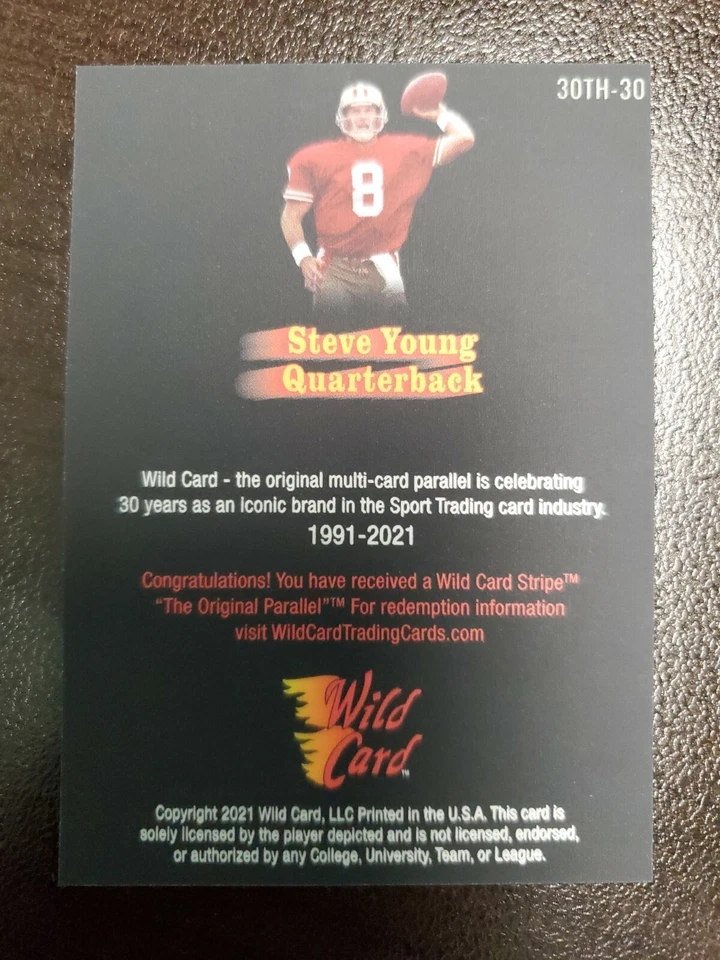 2021 Wild Card Steve Young 30th 5 STRIPE METALIZED EMBOSSED NSCC EXCLUSIVE 4/30 - Image 2 of 2