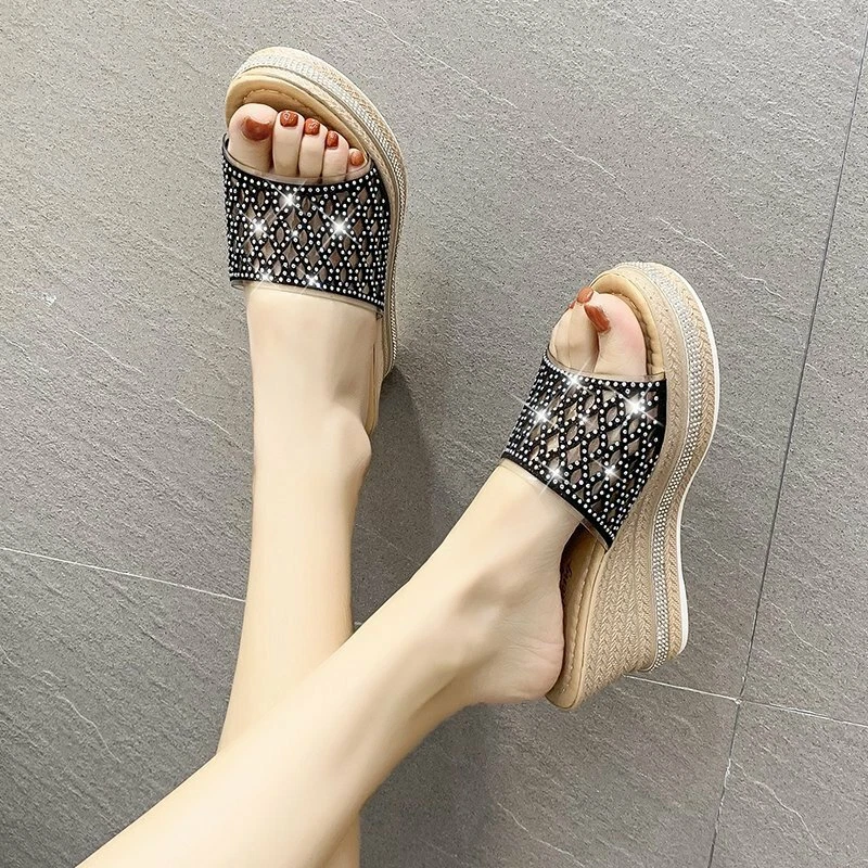 Ladies Rhinestones Shiny Slippers Platform Wedge Heel Mule Sandals Shoes Slip On
