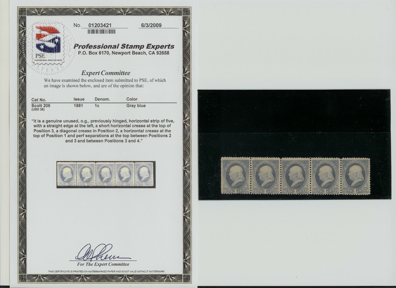 1881 US Stamp Scott 206 1 cent  5 Strip. GRAY BLUE. UNUSED. PSE "ERROR"