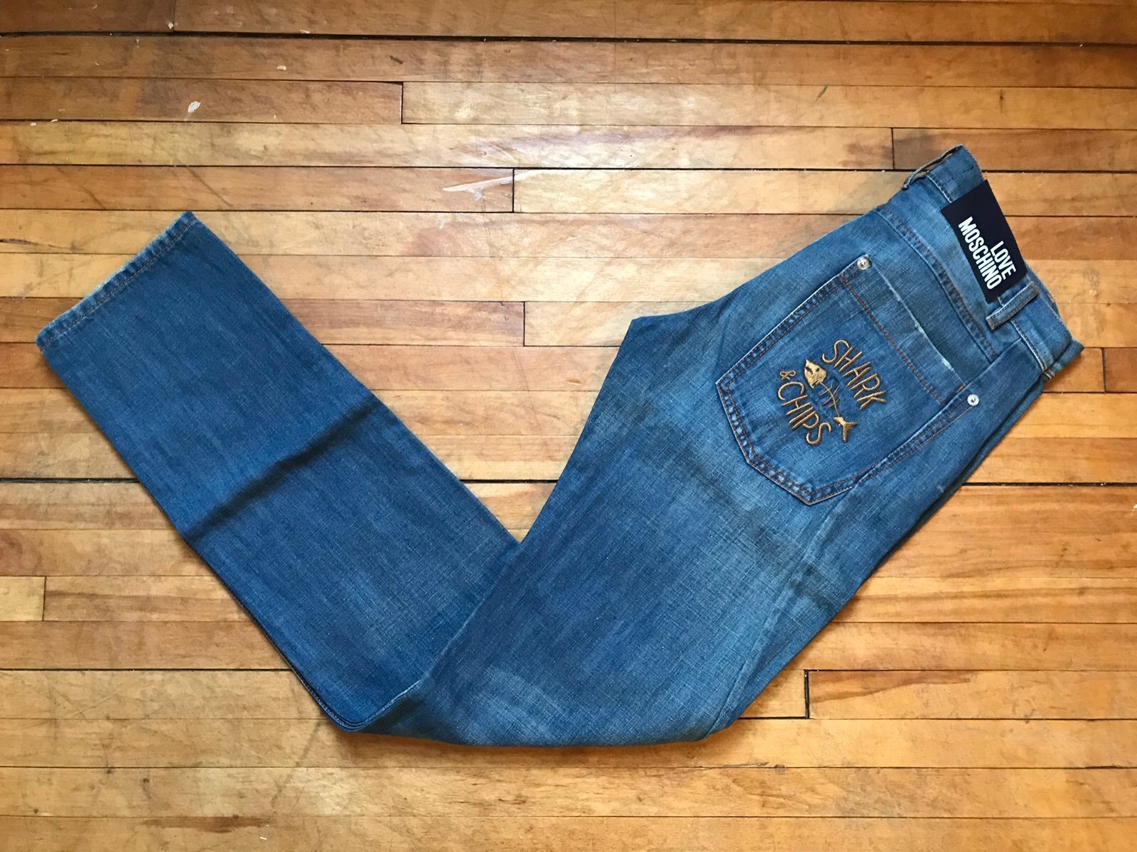 LOVE MOSCHINO SHARK & CHIPS WASH BLUE DENIM SKINNY JEANS S 48 31 CAIPIRINA