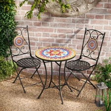 3-Piece Outdoor Patio Chat Set, 2-Seater, Ceramic Tile Top, Iron Frame