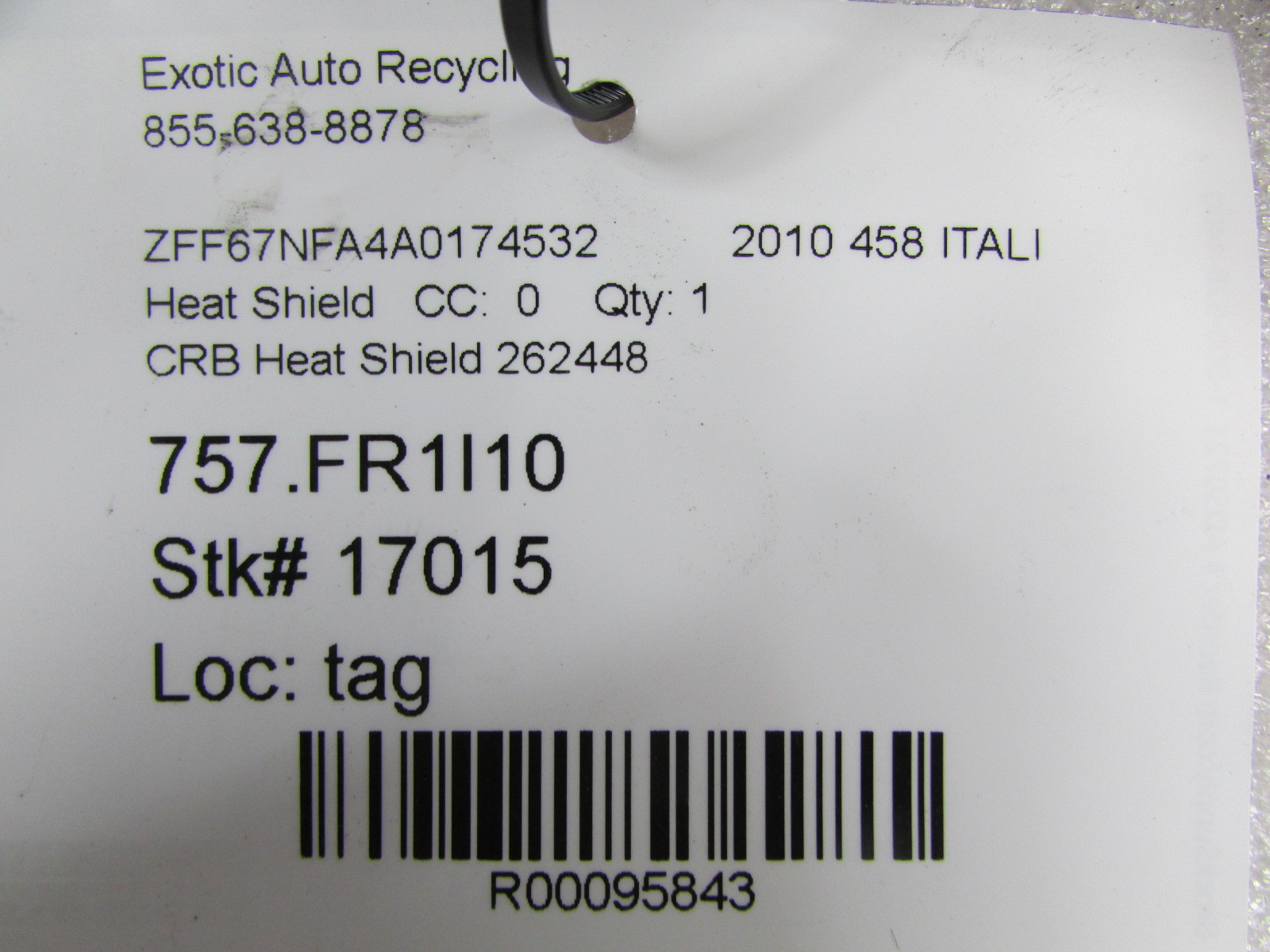 Ferrari 458 Italia, Speciale, Spider, CRB Heat Shield, Used, P/N 262448