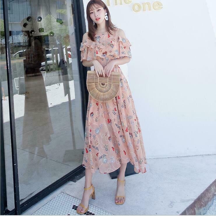 ★韓国人気★I AM MARI★CHIFFON SHIRRING TIE DRESS SINGREINY Women Chiffon Floral Long Dress Korean V Neck