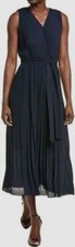 T Tahari Women's Blue Faux-Wrap Sleeveless Pleated Fit & Flare Maxi Dress Size L
