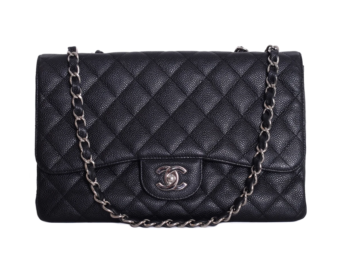 CHANEL Black Caviar Leather Classic Jumbo Flap CC Chain Shoulder Bag Purse