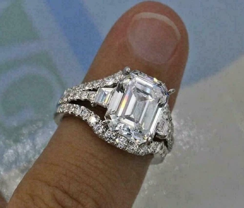3 Ct Emerald Lab Created Diamond Bridal Engagement Ring 14K White Gold Plated