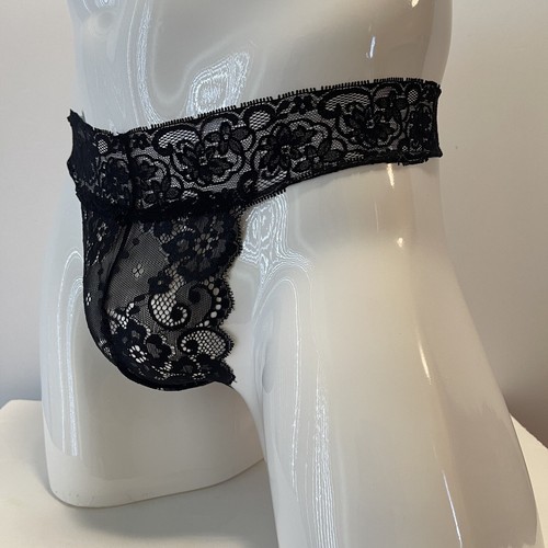 Tanga de encaje negra mediana floral transparente para hombre nueva con etiquetas - Imagen 6 de 7