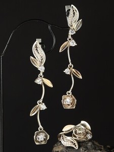 Authentic Vtg 875 silver and 585 gold plated set with crystals, 2 pcs, Earrings and Ring