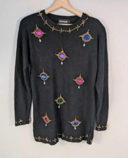 Pierre Cardin Black Angora Silk Blend Beaded Jewel Sweater M Medium Tunic 110
