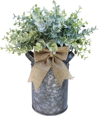 Set of1Farmhouse Faux Eucalyptus ArrangementCenterpiece Rustic Galvanized Metal 