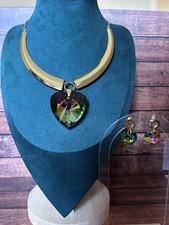 TJC Gold Tone Aurora Borealis Glass Heart Statement Necklace Earrings Set