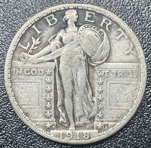 1918-D Standing Liberty Silver Quarter 25c XF Cleaned Semi-Key Date Bold Date