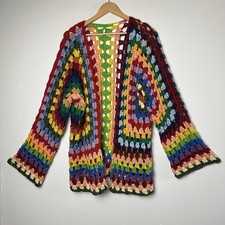 Vtg Hand Knit Crochet Granny Square Open Cardigan Colorful Boho Cottage Hippie L