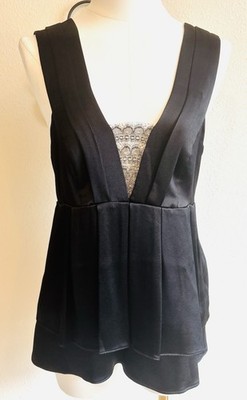 JENNI KAYNE Silk Sleeveless, Black Peplum Top, Lace Trim Sz 0