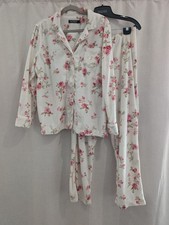 Lauren Ralph Lauren Floral Fleece Pajama Set L Ivory Pink Roses Cozy Cottagecore